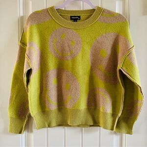Originality Green & Tan Smiley Happy Face Cozy Cropped Crewneck Sweater | XL